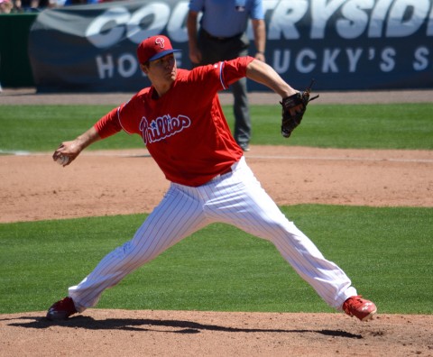 Philadelphia Phillies starting pitcher Jerad Eickhoff allowed three earned runs and struck out seven batters in four innings against the Minnesota Twins on Tuesday. (photo Buck Davidson)